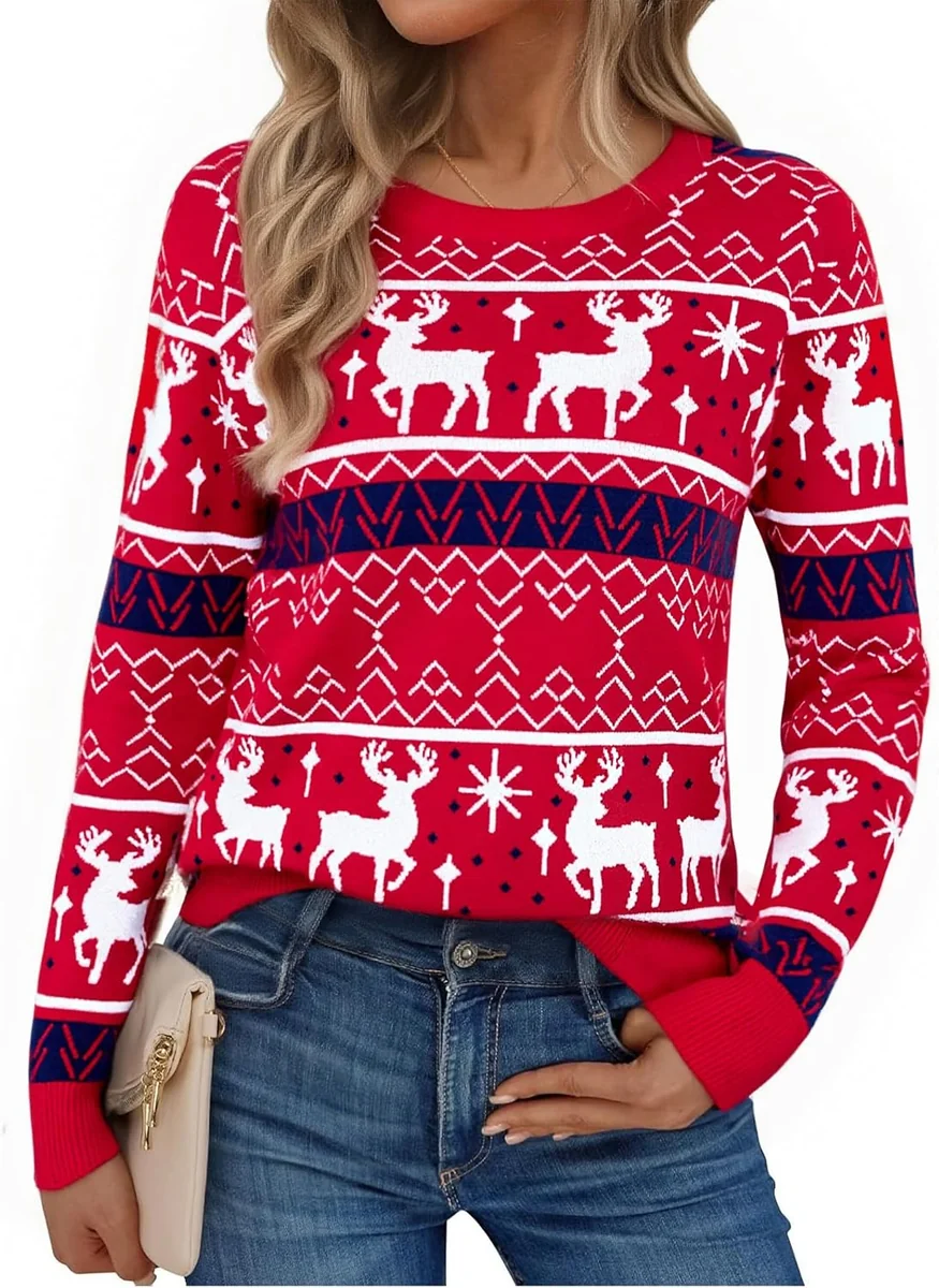 SWETER DAMSKI ŚWIĄTECZNY RENIFER PŁATKI ŚNIEGU CIEPŁY WESOŁY ELEGANCKI