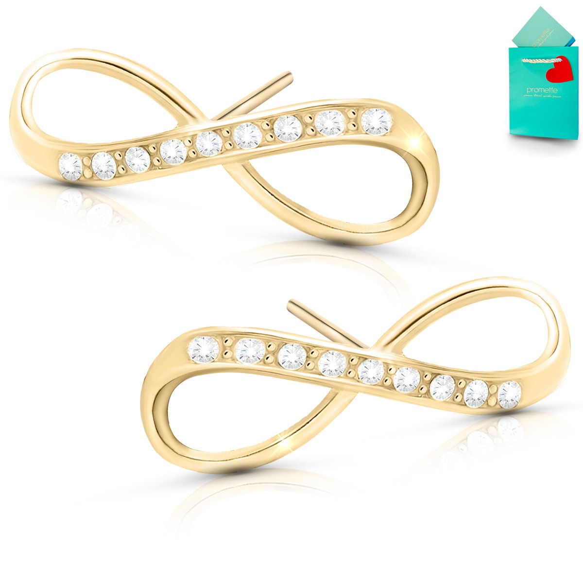 Kolczyki wkrętki srebrne pozłacane złote nieskończoność 925 z cyrkoniami