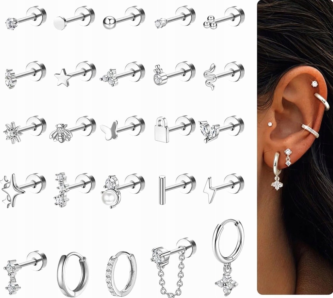 KOLCZYKI 25 SZTUK ZESTAW KÓŁKA STAL NIERDZEWNA BIŻUTERIA MODA TRAGUS HELIX