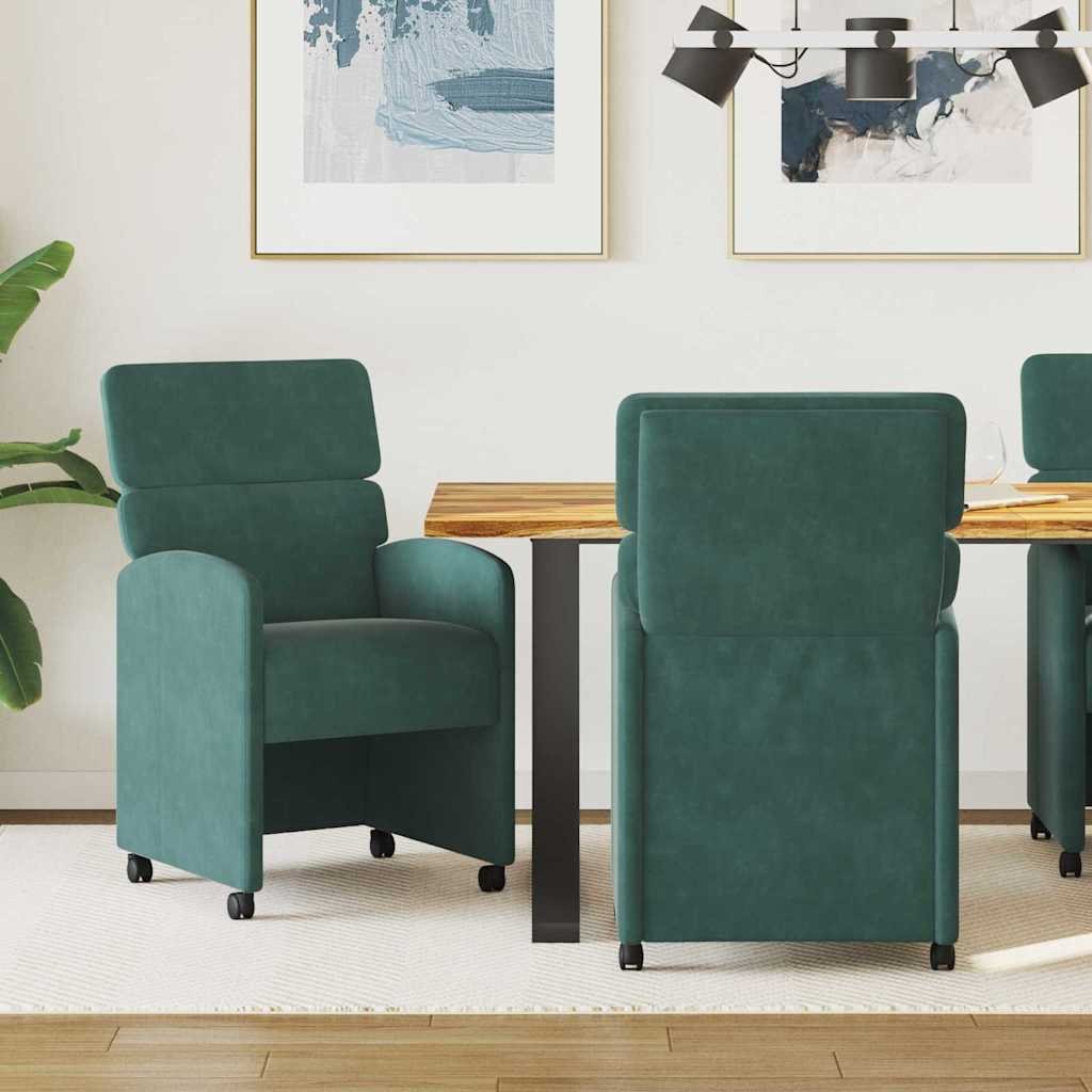 vidaXL vidaXL Krzesełka jadalne na kółkach 2 pcs Ciemnozielony Aksamit