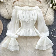 Koszule damskie - TEMU Damski Nowy Elegancki Krótki Top z Długim Rękawem w Stylu Boho Biały z Marszczeniami i Falbanką na Ramionach - miniaturka - grafika 1
