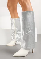 Kozaki damskie - Białe Cyrkoniowe Kozaki na Obcasie Typu Szpilka z Cholewką Imitującą Nogawkę Valentila - Renee - miniaturka - grafika 1