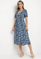 Sukienki - Niebieska Rozkloszowana Sukienka z Wiskozy z Dekoltem w Serek Zapinana na Guziki Neliae - miniaturka - grafika 1