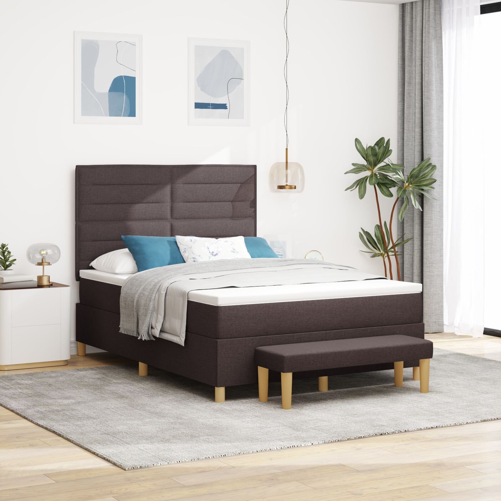 vidaXL Łóżko z podstawą z materacem i ławką Ciemnobrązowe 140x190 cm Tkanina