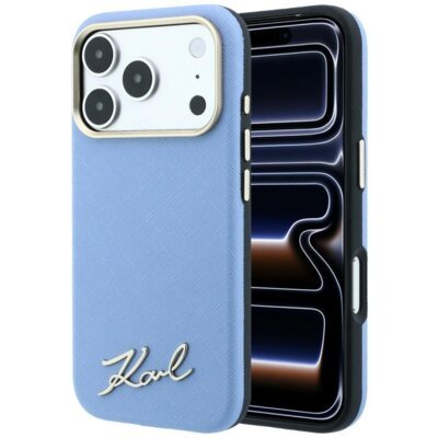 Etui KARL LAGERFELD Saffiano Small Script Metal Logo MagSafe do Apple iPhone 17 Pro/18 Pro Jasnoniebieski