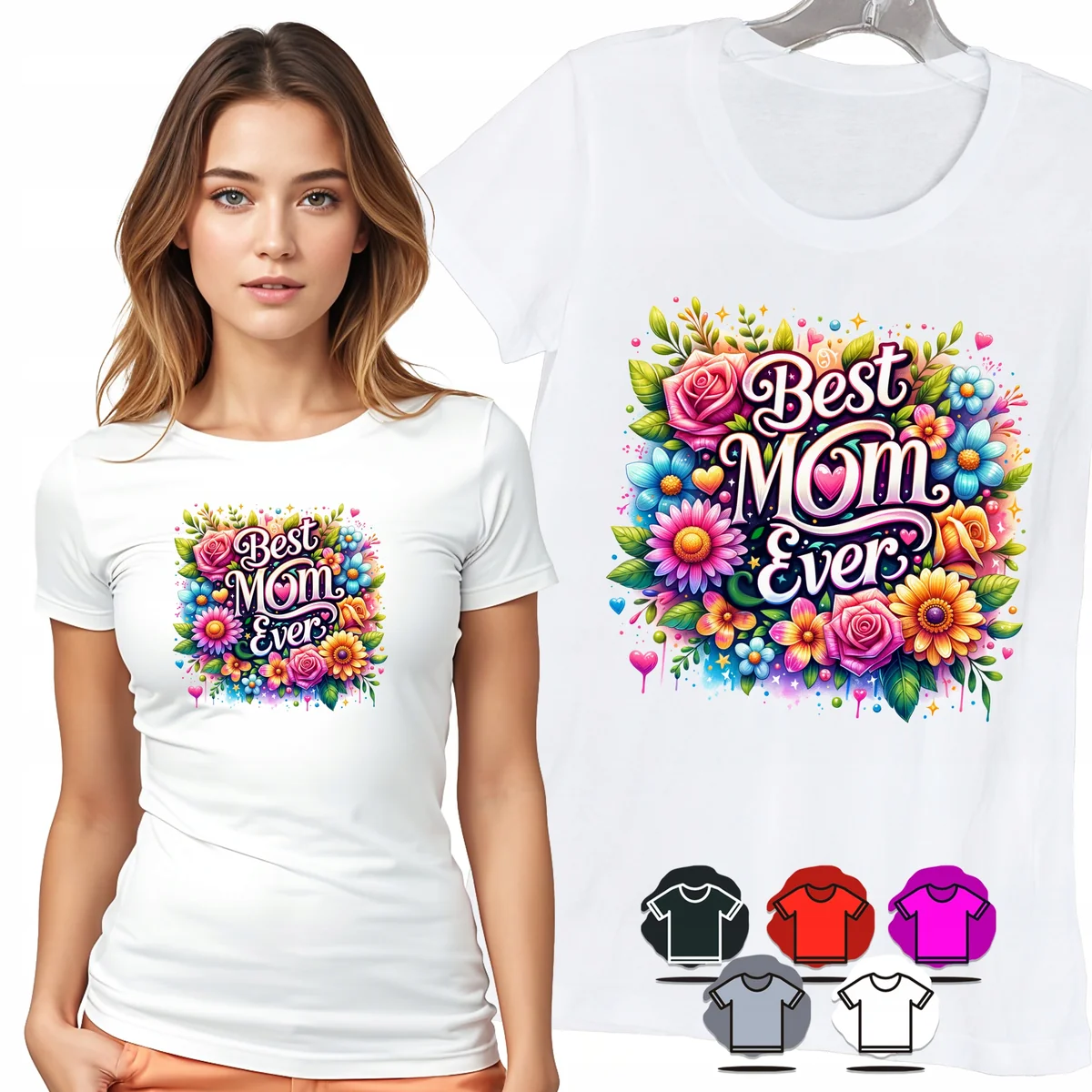 KOSZULKA DAMSKA T-SHIRT - BEST MOM EVER KWIATY RÓŻE PREZENT DAMSKI - L