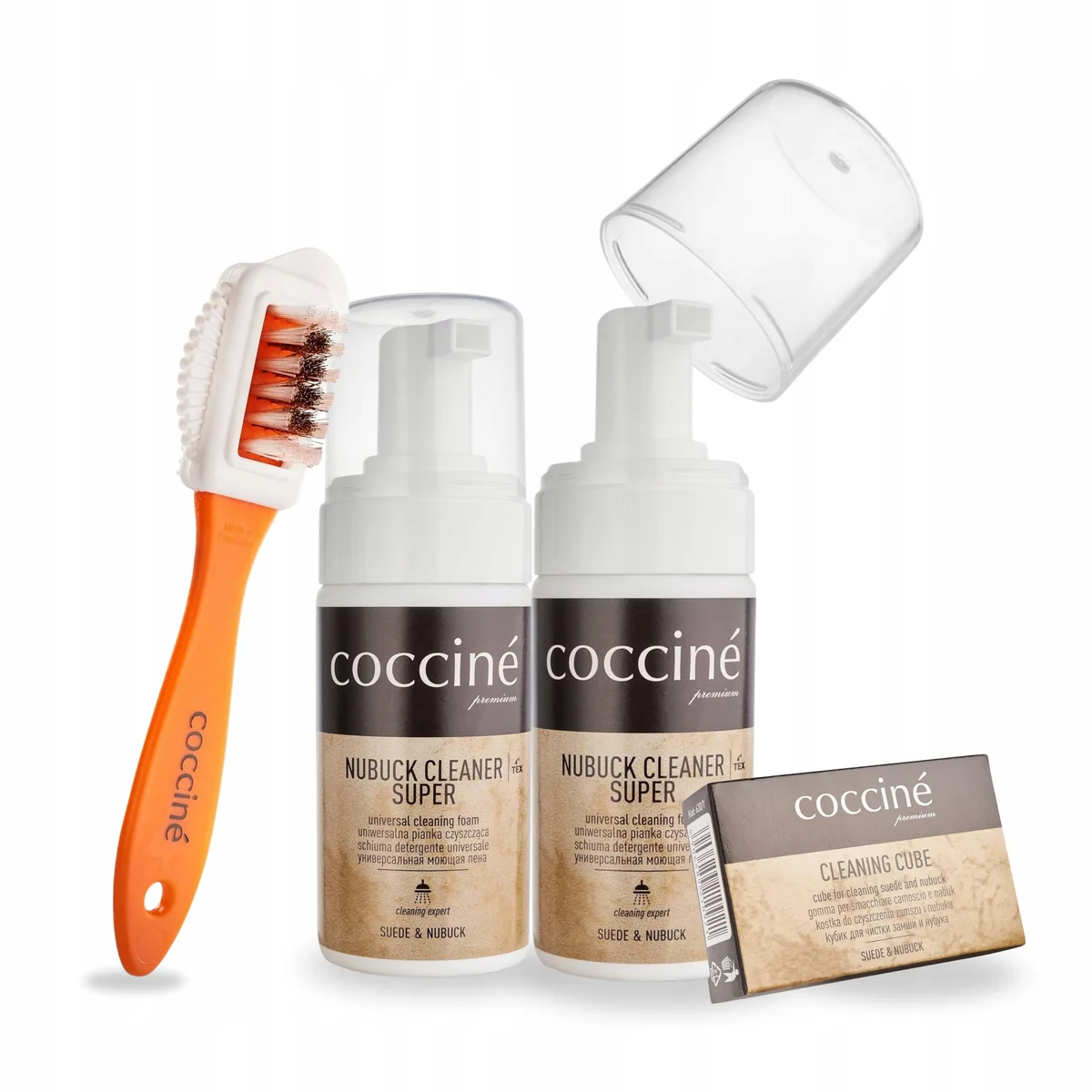 Szczotka Dwustronna do Zamszu z Cleanerem x2 i Gumką Zestaw Coccine 4w1
