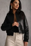 Kurtki damskie - Czarna Kurtka Przejściowa Typu Bomber Jacket z Imitacji Skóry Izaria - miniaturka - grafika 1