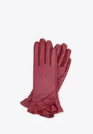 Rękawiczki - Damskie rękawiczki skórzane z dekoracyjną falbaną bordowe - miniaturka - grafika 1
