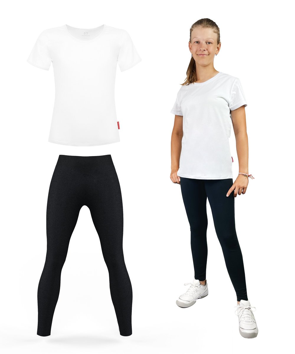 STRÓJ NA WF DZIEWCZĘCY DLA DZIEWCZYNKI KOMPLET GIMNASTYCZNY BIAŁA KOSZULKA TSHIRT DŁUGIE LEGGINSY CZARNE 170 (M)