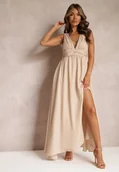 Sukienki - Beżowa Rozkloszowana Sukienka Maxi na Ramiączkach z Rozcięciem Ernames - miniaturka - grafika 1