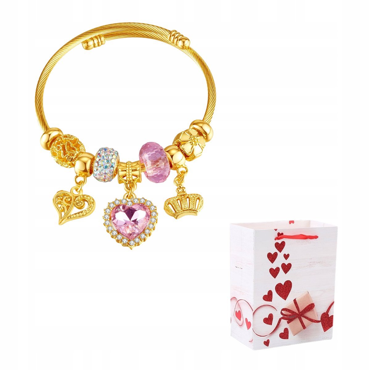 Bransoletka Złota Modułowa Charms Regulowana Korona Serce Stal Chirurgiczna