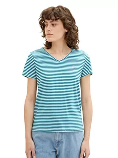 Koszulki i topy damskie - TOM TAILOR Damska koszulka z haftem, 32150 - petrol Thin Stripe, 3XL - grafika 1