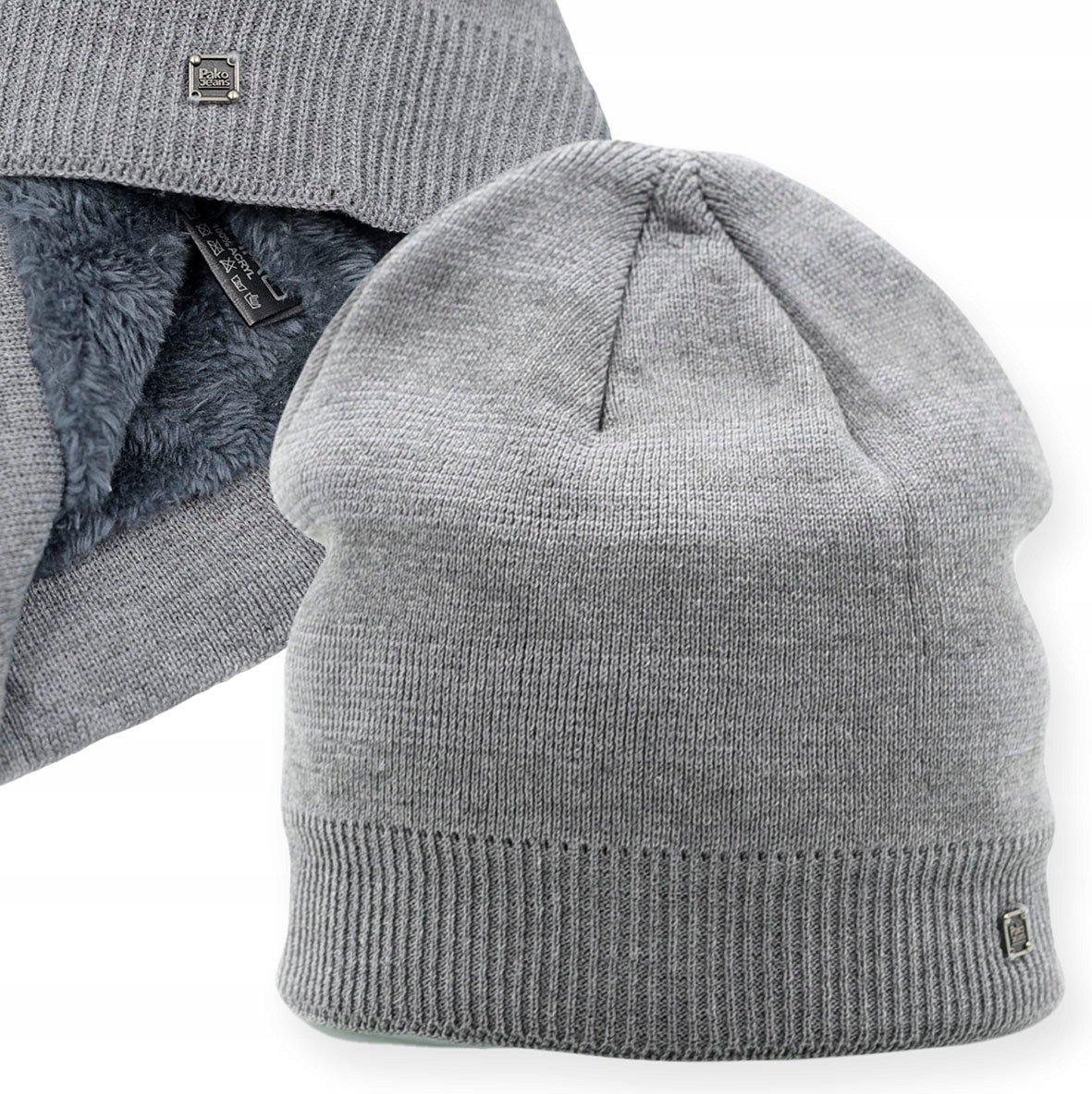 CZAPKA zimowa DZIANINOWA ocieplona miękkim futerkiem na mrozy POPIELATA