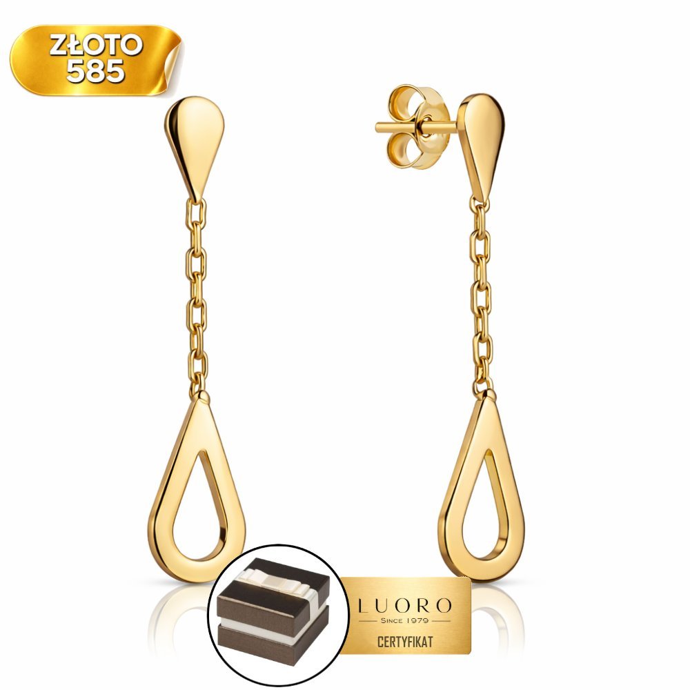 KOLCZYKI ZŁOTE 585 14K ŁEZKA NA ŁAŃCUSZKU 26 MM SZTYFT ELEGANCKIE
