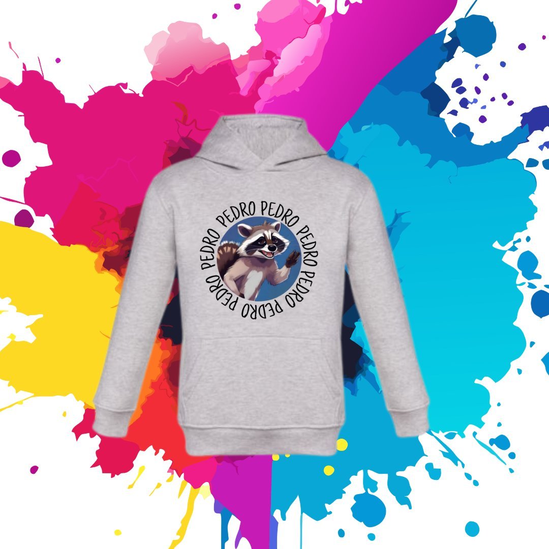 Bluza dziecięca typu kangurka z kapturem w kolorze jasnoszarym z nadrukiem szop pedro 8 lata
