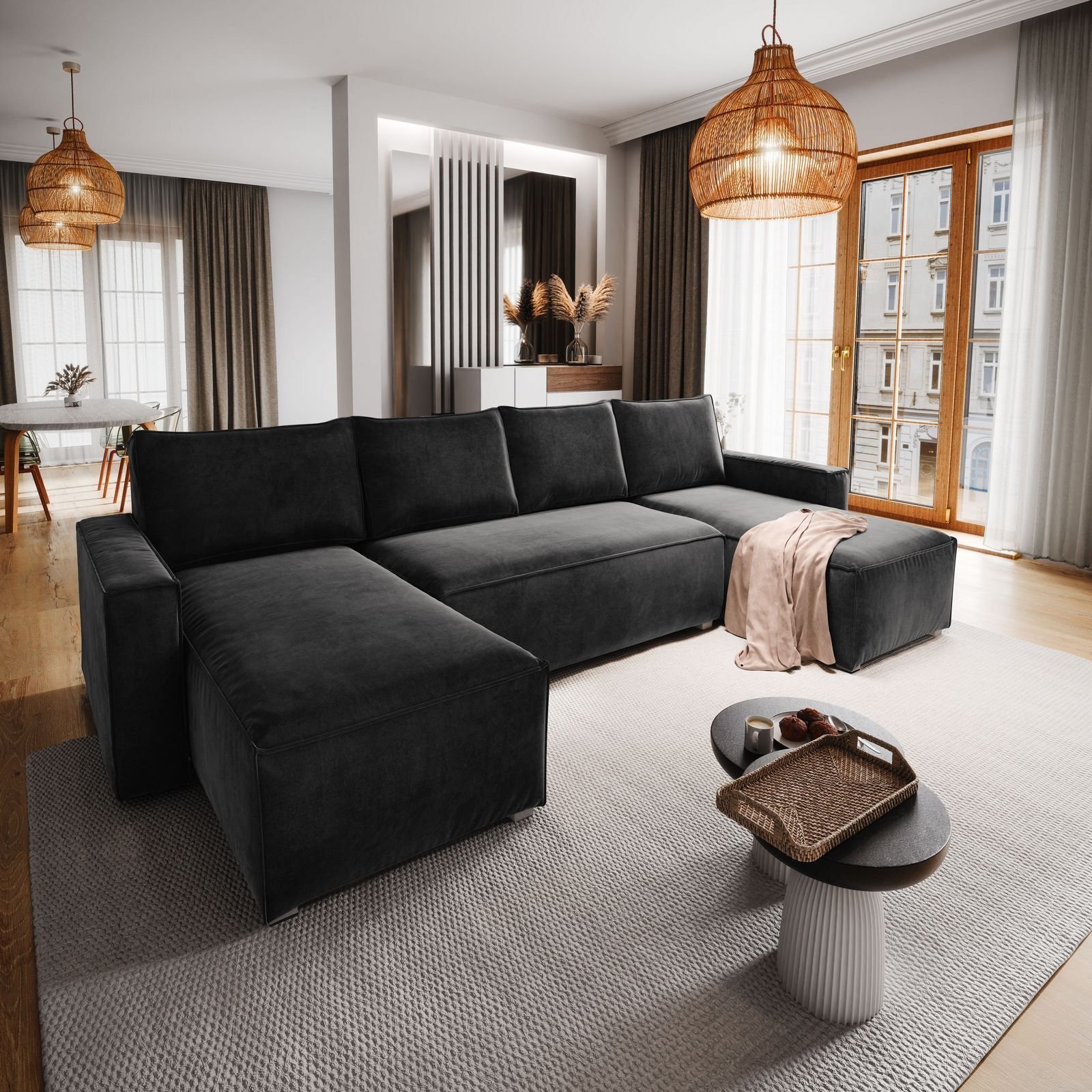 Masseno Narożnik DENI z funkcją spania i pojemnikiem na pościel Kształt U, Rozkładana sofa, Rogówka - Czarny, MONOLITH 95