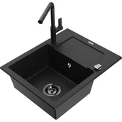 Zlewozmywaki z baterią - Mexen Enzo zlewozmywak granitowy 1-komorowy z ociekaczem i baterią kuchenną Flora, czarny - miniaturka - grafika 1
