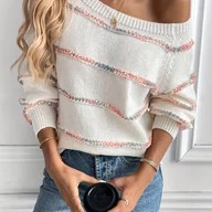 Swetry damskie - TEMU Damski elegancki sweter z kolorowymi paskami - akrylowy, długie rękawy Raglan, styl łódki, regularny kształt na jesień/zimę, uroczy sweter - miniaturka - grafika 1