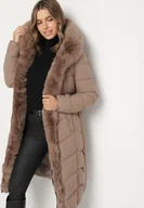 Kurtki damskie - Ciemnobeżowa Pikowana Kurtka z Futerkowym Obszyciem i Paskiem Samiria - miniaturka - grafika 1