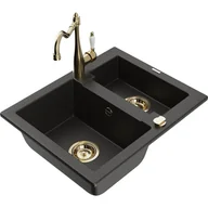 Zlewozmywaki z baterią - Mexen Carlos zlewozmywak granitowy 1,5-komorowy z baterią kuchenną Carla, czarny/złoty metalik - miniaturka - grafika 1