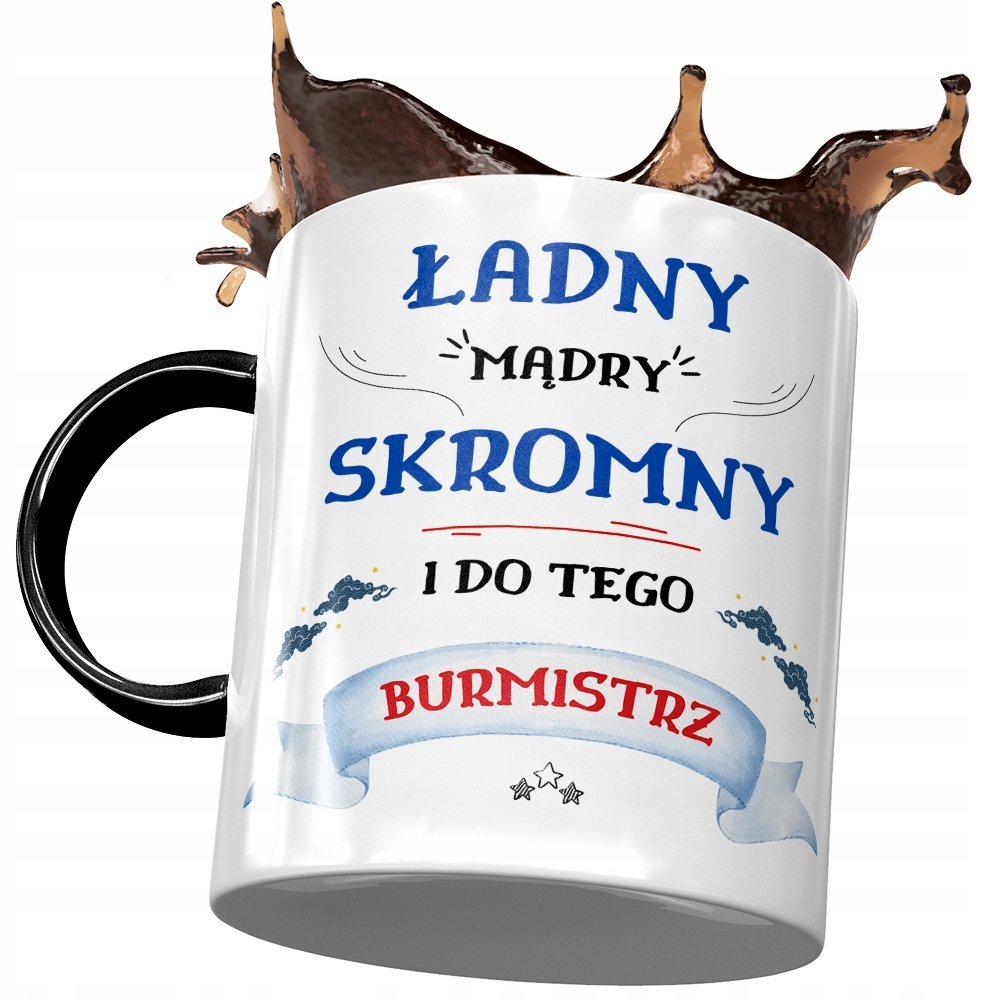 Kubek Czarny Dla Burmistrza Ładny Mądry Skromny z Nadrukiem ze Zdjęciem + Opakowanie na prezent (wzór 01)