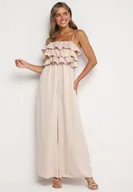 Kombinezony - Beżowy Kombinezon Koktajlowy na Regulowanych Ramiączkach z Falbankami i Gumką w Pasie Tesvia - miniaturka - grafika 1