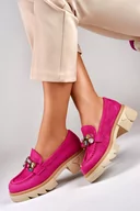 Półbuty damskie - Różowe loafersy z ozdobnymi kamieniami - miniaturka - grafika 1