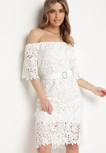 Biała Sukienka Koronkowa z Gumką przy Dekolcie z Paskiem Inessias - Sukienki - miniaturka - grafika 1