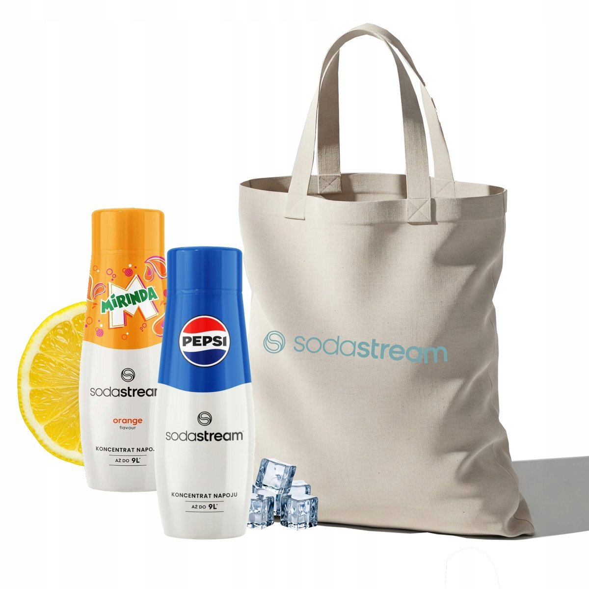 Zestaw Syrop koncentrat SodaStream Pepsi, Mirinda 2x440 ml + Torba