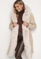 Kurtki damskie - Jasnobeżowa Kurtka Parka z Kapturem Futrzaną Wyściółką i Ściągaczem w Talii Semarien - miniaturka - grafika 1