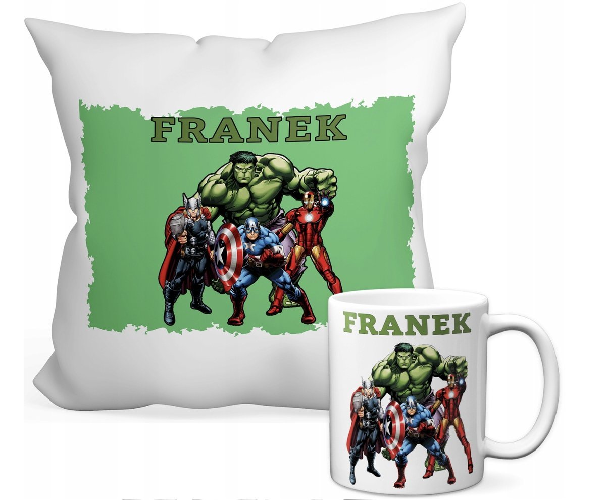 ZESTAW PODUSZKA + KUBEK Prezent AVENGERS HULK AVENGERSI + IMIĘ 31