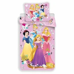 Jerry Fabrics Pościel bawełniana 140x200 Księżniczki 6763 Princess Kopciuszek Śnieżka Aurora Bella różowa poszewka 70x90 - Pościel dla dzieci - miniaturka - grafika 1