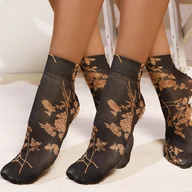 Skarpetki damskie - TEMU 2 Pary Eleganckich Skarpetek Damskich z Kwiatowym Wzorem do Połowy Łydów - Czarne i Złote, Oddychające na , Wygodne dla Codziennego i Formalnego - miniaturka - grafika 1