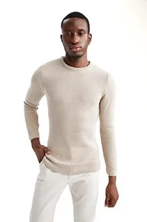 Koszulki męskie - DeFacto Męski sweter z dzianiny z długim rękawem, okrągły dekolt, slim fit dla mężczyzn, topy (piaskowy, L), Sand, L - grafika 1