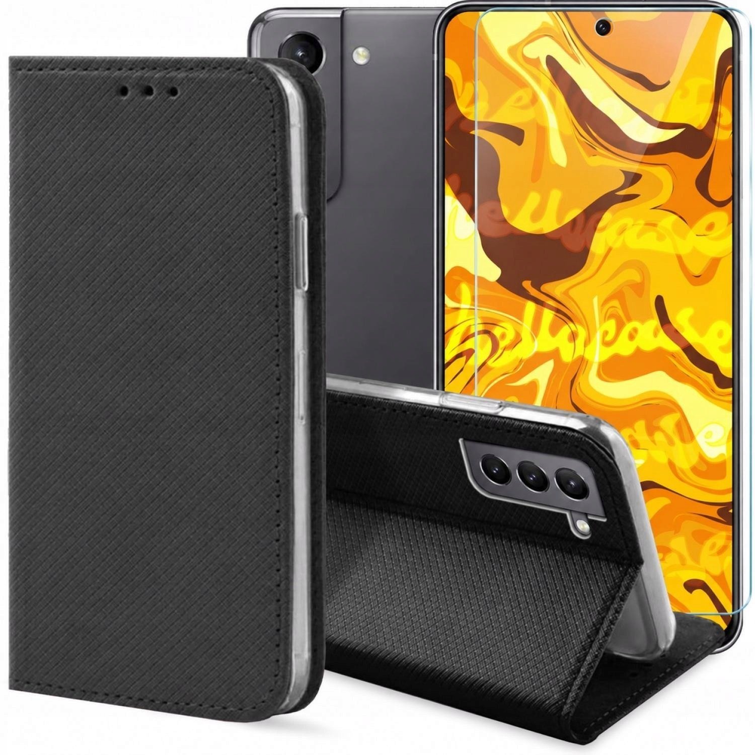 Hello Case Etui z Klapką Do Samsung Galaxy S21 Czarne, Zamykane, Magnetyczne Szkło BNDL0494