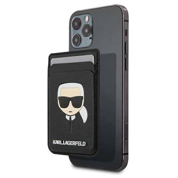 Portfel magnetyczny Karl Lagerfeld Wallet CardSlot Saffiano Karl`s Head MagSafe na telefon - czarny