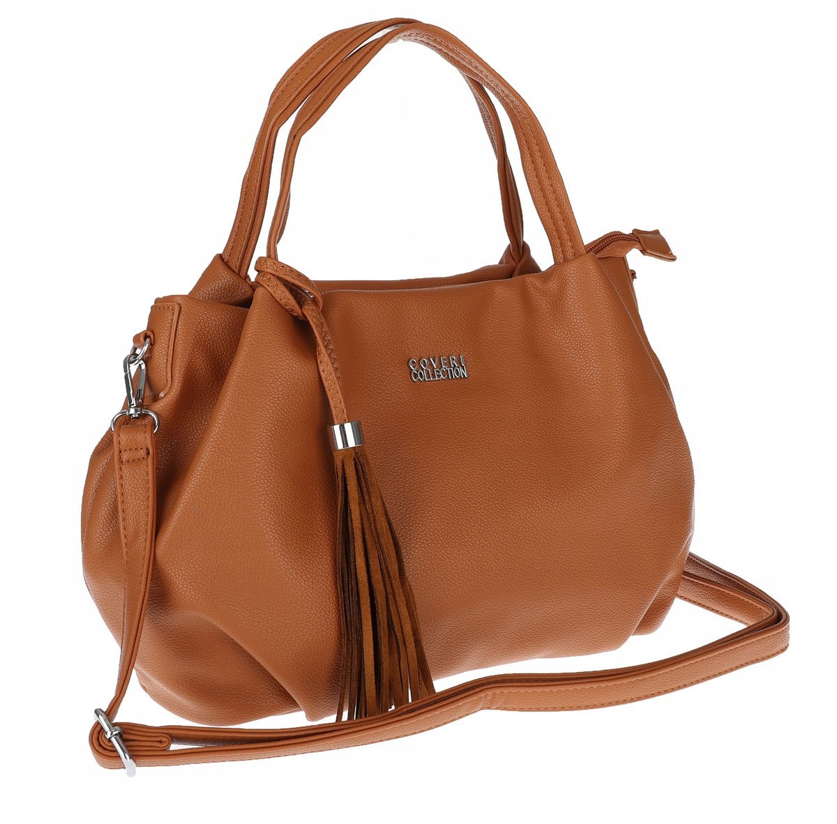 Torebka damska z eko skóry shopper z frędzlami pasek CC50964 Brązowa