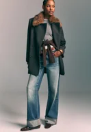 Płaszcze damskie - Stradivarius Płaszcz z kołnierzem ze sztucznego futra z wełną Ciemnoszary XS - miniaturka - grafika 1