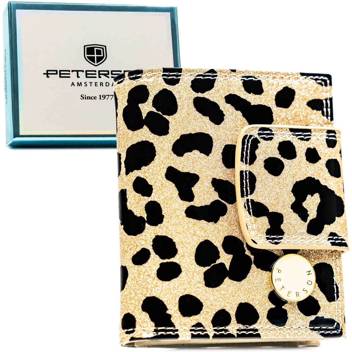 Portfel damski na karty PETERSON mały ochrona RFID zatrzask i bigiel elegancki skórzany lakierowany modny złoty