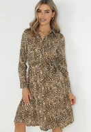 Sukienki - Ciemnobeżowa Sukienka Koszulowa w Panterkę Vesenil - miniaturka - grafika 1