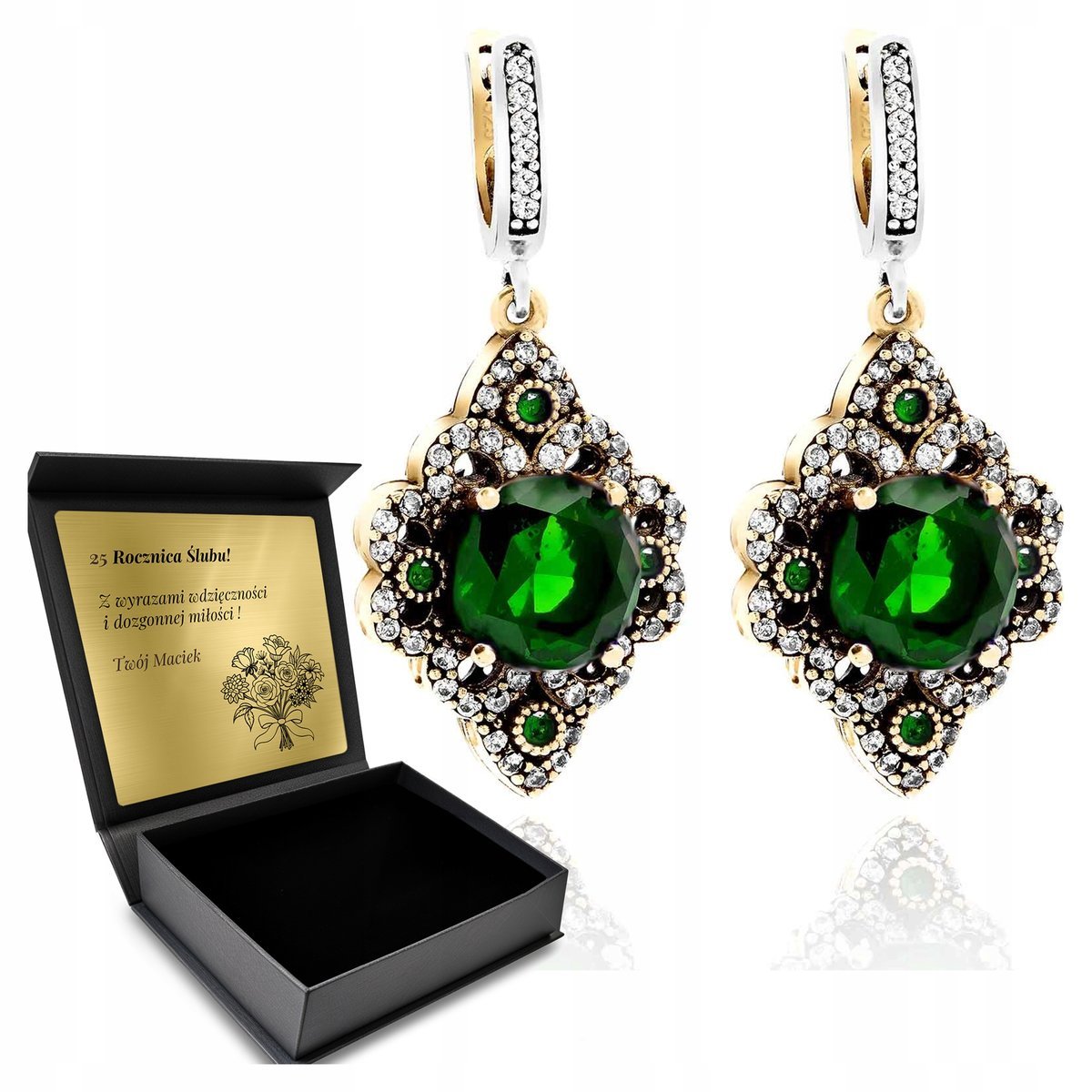 Kolczyki Srebrne 925 Cyrkonie Szmaragd Biżuteria Dla Kobiety + Grawer