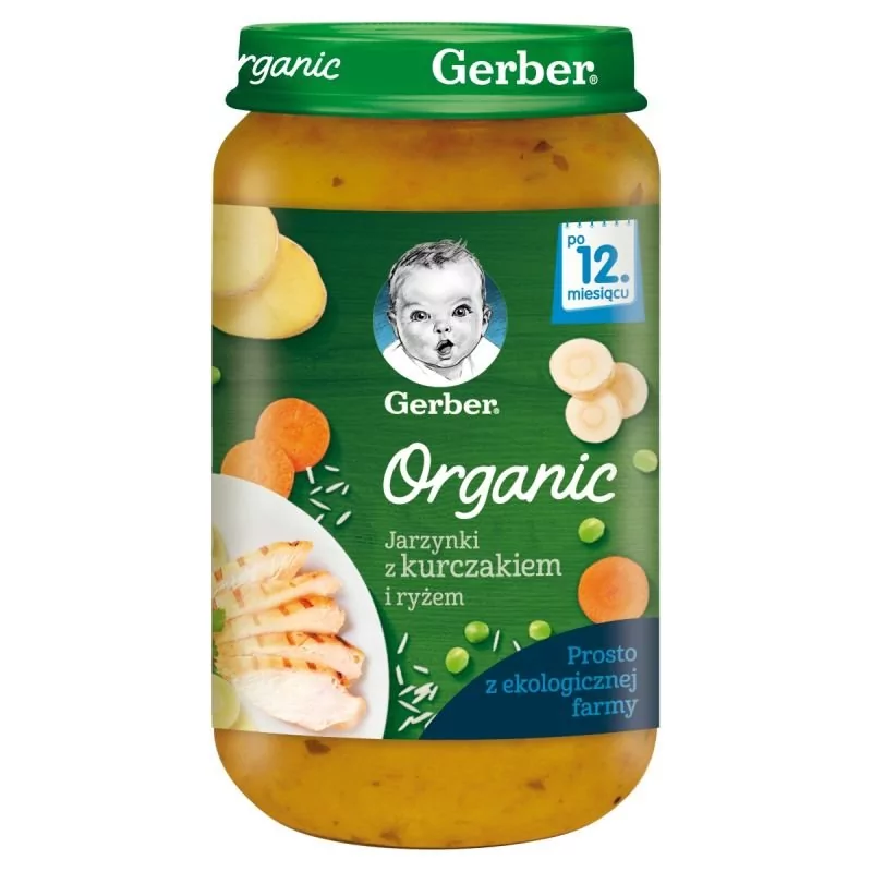 Gerber Organic Obiadek jarzynki z kurczakiem i ryżem dla niemowląt po 12 miesiącu 250 g Bio