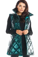 Kurtki damskie - Pikowana Błyszcząca Kamizelka z Wysokim Kołnierzem - Zielona - miniaturka - grafika 1