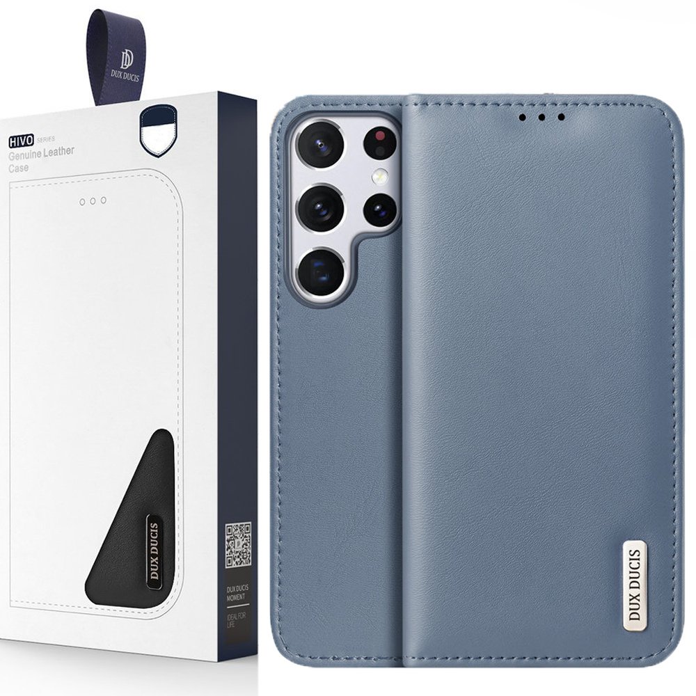 Dux Ducis Hivo Skórzane Etui Z Klapką Pokrowiec Ze Skóry Naturalnej Portfel Na Karty I Dokumenty Samsung Galaxy S22 Ultra Niebieski