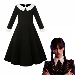 CZARNA SUKIENKA WEDNESDAY ADDAMS PRZEBRANIE HALLOWEEN STRÓJ KARNAWAŁOWY 120 - Stroje karnawałowe - miniaturka - grafika 1