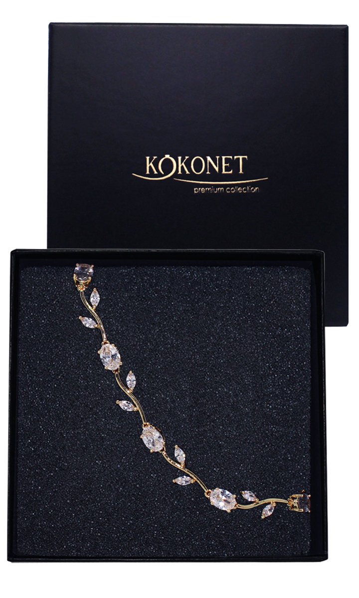 Efektowna bransoletka ślubna boho glam KRYSZTAŁKI motyw roślinny ZŁOTA