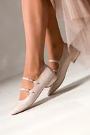 Baleriny - Jasnobeżowe baleriny damskie lakierowane Mary Jane z paskami niski obcas klocek Carla ZR84K - miniaturka - grafika 1