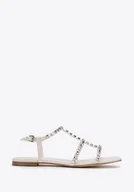 Sandały damskie - Damskie sandały skórzane z kryształkami kremowe 40 - miniaturka - grafika 1