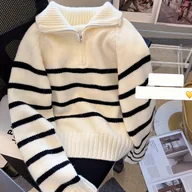 Swetry damskie - TEMU Sweter damski w paski czarno-biaﾅＦ z golfem - miﾄ冖ki, rozciﾄ�gliwy, kontrastowy koﾅＯierz, luﾅｺny krﾃｳj, dﾅＶgie rﾄ冖awy, pranie maszynowe, casualow - miniaturka - grafika 1